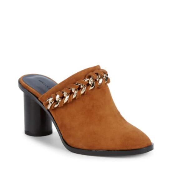 Rebecca Minkoff Shoes - Rebecca Minkoff Galiyah in Saddle Suede Chain Stacked-Heel Mules Sz 7